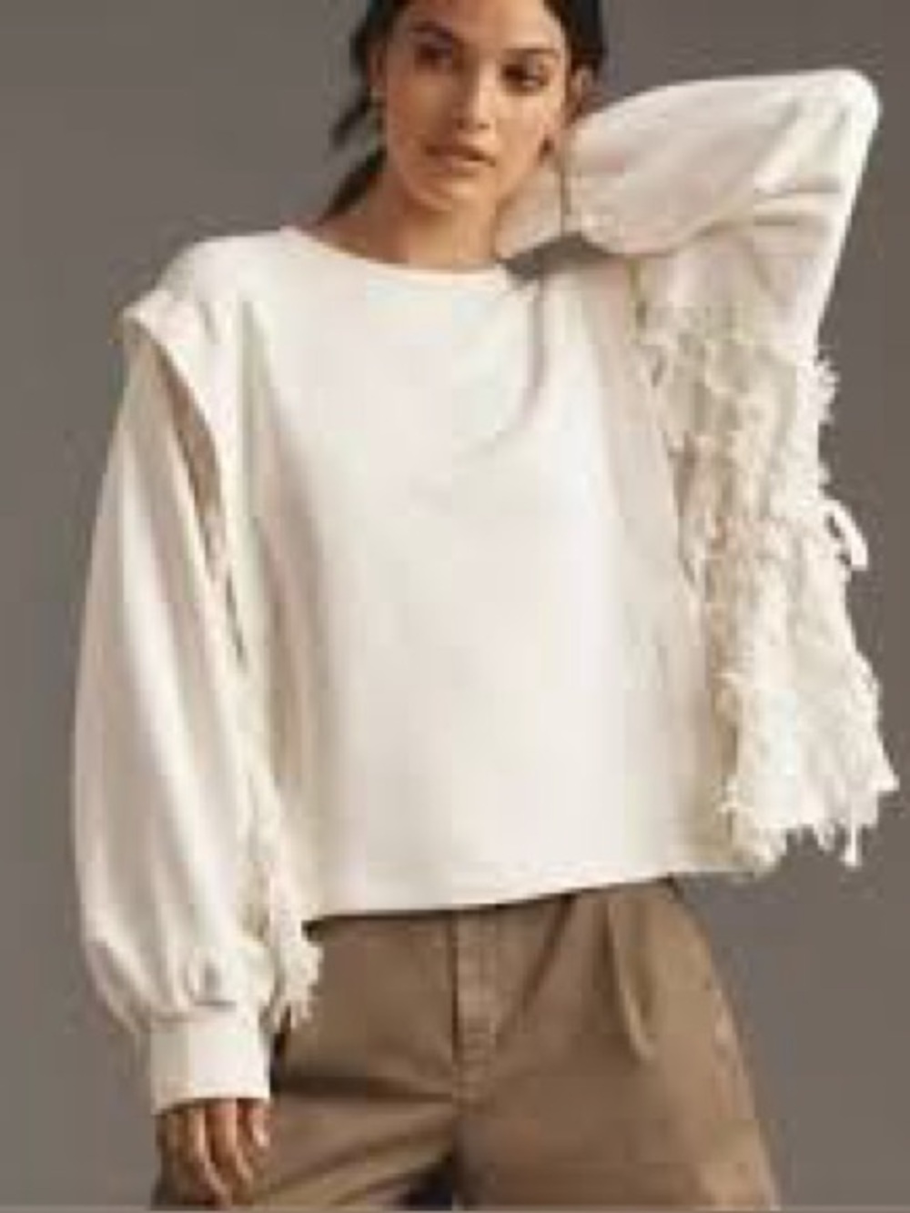 Anthropologie Twofer Sweatshirt in Ivory delicate lace sleeves Size Small